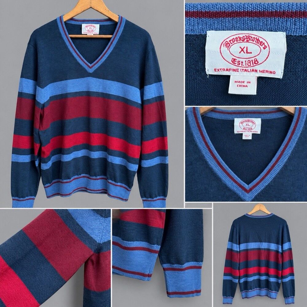 Brooks Brothers V Neck Sweater Mens XL 100% Merino Wool Italian Yarn Knit Stripe
